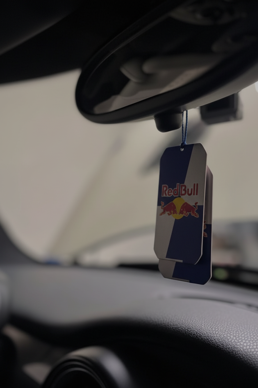 Red Bull scented car air freshener hanging from rearview mirror